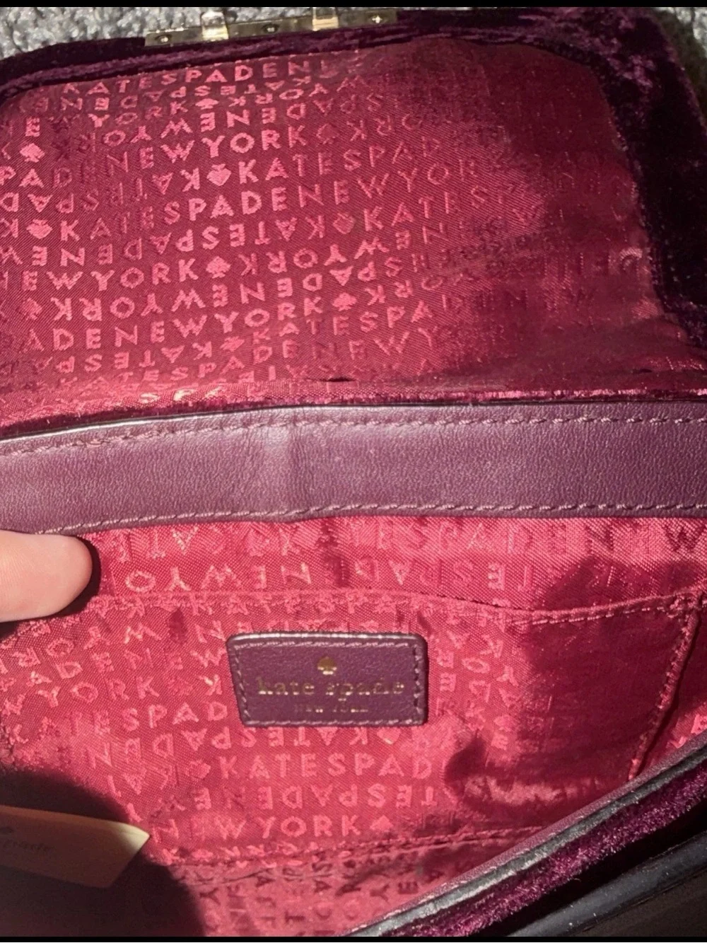 kate spade Plum Velvet Crossbody Bag with Gold Chain and Black Bow